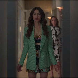 ASO Emily in Paris Zara Green Blazer Tweed Houndstooth Double Breasted Jacket